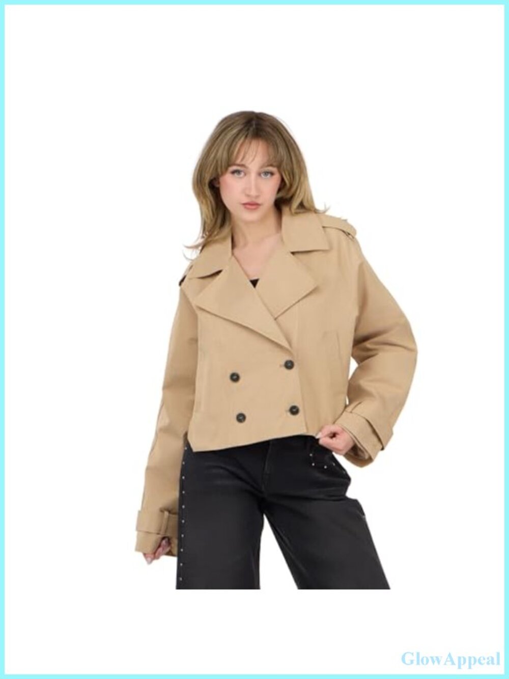 Cropped Trench Jacket with Double-breasted Closure, Cotton Blend